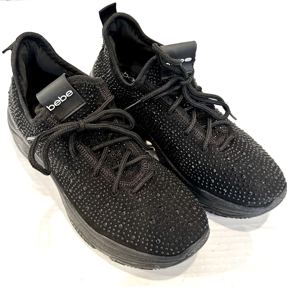 Bebe Leyla‎ Lace-Up Rhinestone Sneakers Women's 8.5 Black Textile Upper NWOT